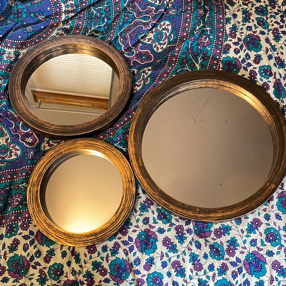 Set 3 round mirrors 12/10/8 inch - frame black/gold - wall decoration hanging